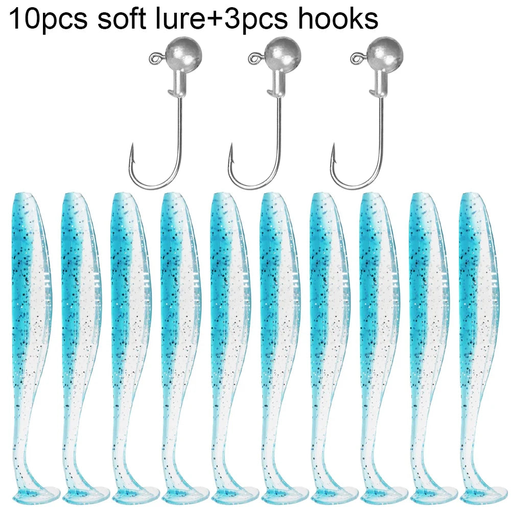 10PCS Soft Lure 5.5cm 7cm 10cm T Tail Worm 3PCS Jigging Head Hook 3g 5g 10g Metal Jig Carp Fishing Pesca Swimbait Gear Kit Bait
