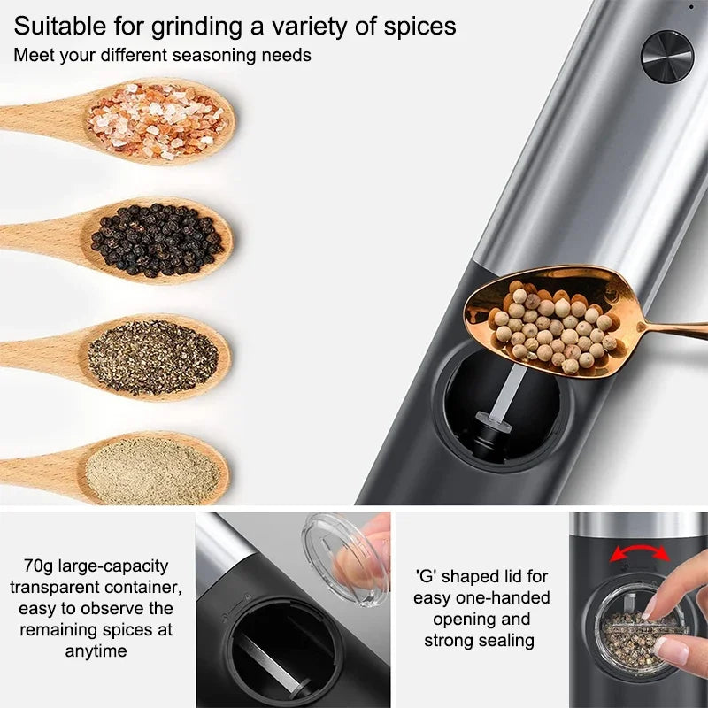 Electric Salt and Pepper Grinder Set With Led Light USB Rechargeable Automatic Spices Grinder Adjustable Spice Mill Kitchen Tool