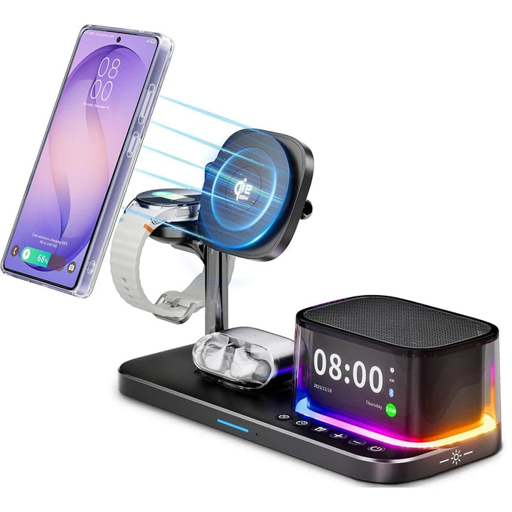 25W Magnetic Wireless Charger Stand Bluetooth Speaker Fast Charging For iPhone Samsung S26 S25/Z Fold 7 Galaxy Watch Ultra 8 7