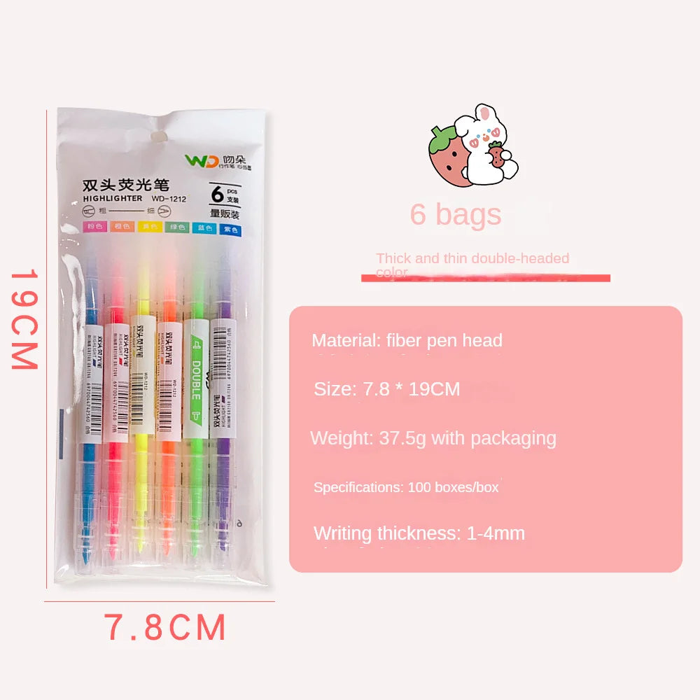 3/6Pcs/Set Double Head Fluorescent Highlighter Pen Markers Pastel Drawing Pen for Student School Office Supplies Cute Stationery