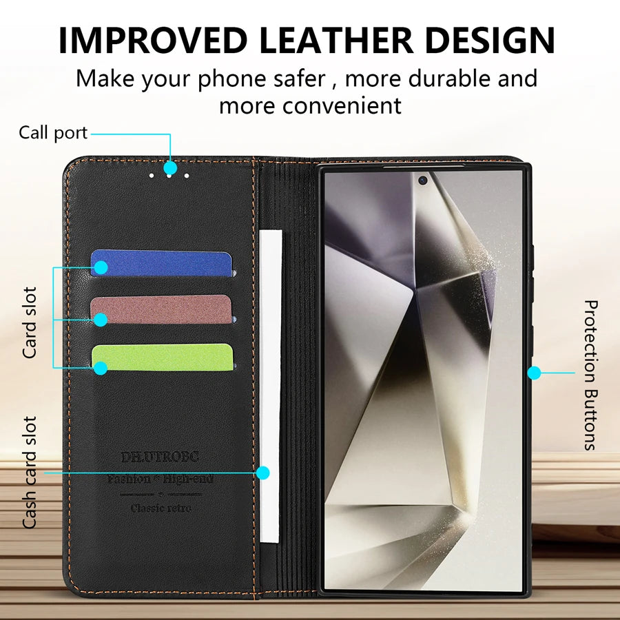 Wallet Skin Friendly Card Slot Magnetic Flip Leather Case For Samsung Galaxy S25 Edge S24 FE S23 Ultra S22 S21 S20 S10Plus Cover