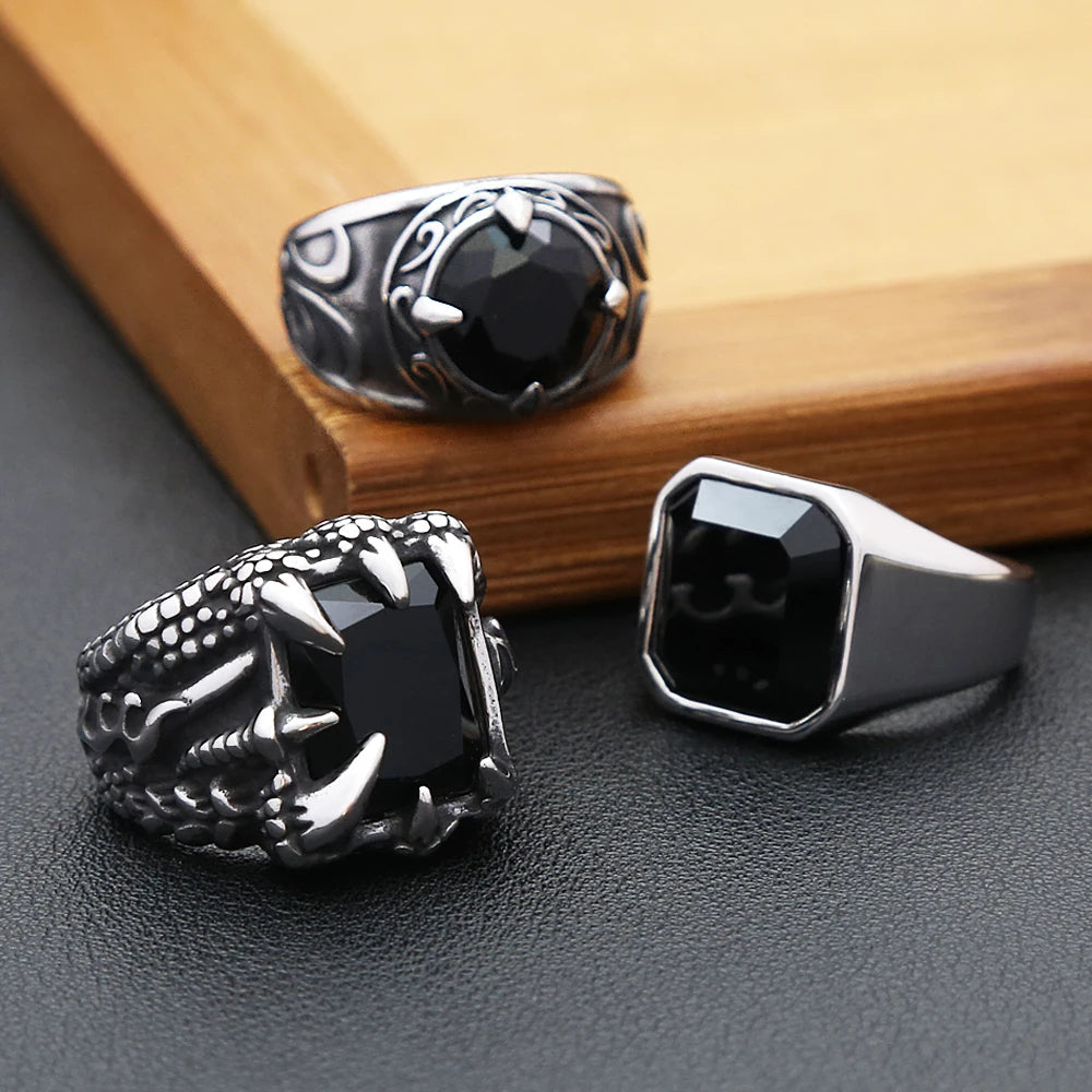 Gothic Vintage Dragon Claw Ring Punk Hip Hop Stainless Steel Black Stone Rings For Men Women Fashion Party Jewelry Accessories