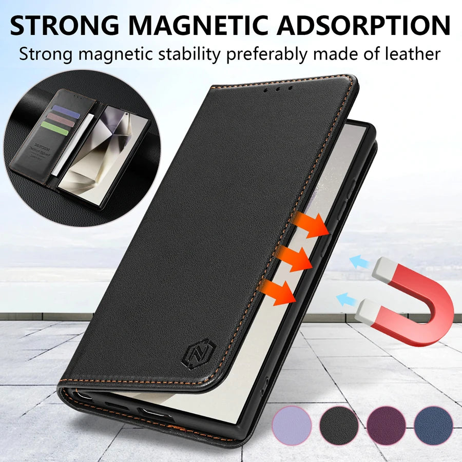 Wallet Skin Friendly Card Slot Magnetic Flip Leather Case For Samsung Galaxy S25 Edge S24 FE S23 Ultra S22 S21 S20 S10Plus Cover