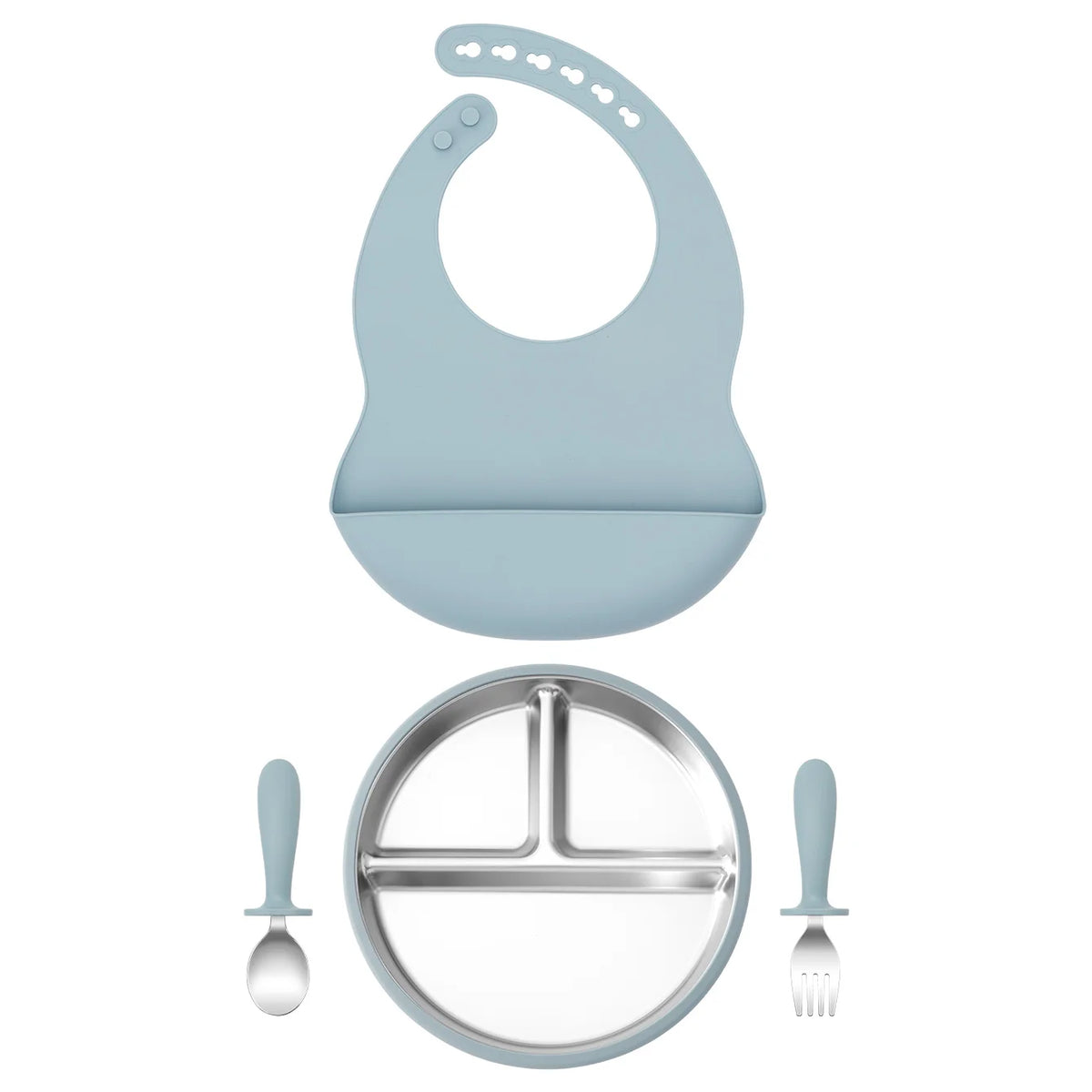 4PCS Stainless Steel Silicone Baby Feeding Set With Detachable Bowl Plate BPA Free Fork Spoon Bib Weaning Tableware Training