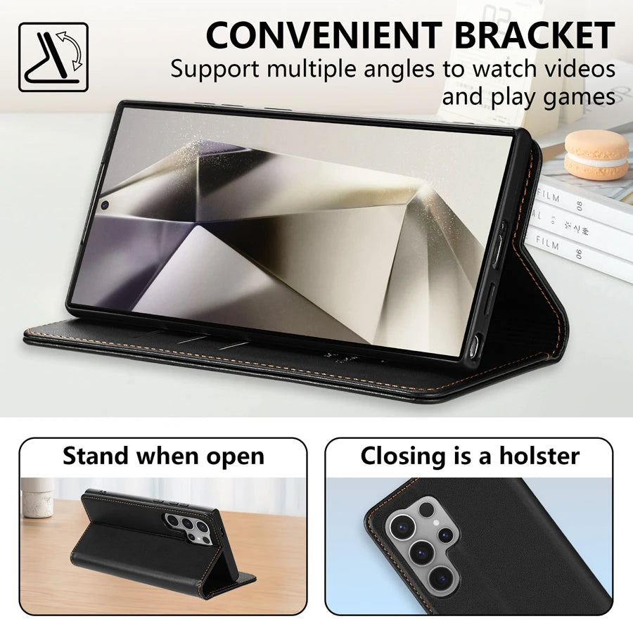 Wallet Skin Friendly Card Slot Magnetic Flip Leather Case For Samsung Galaxy S25 Edge S24 FE S23 Ultra S22 S21 S20 S10Plus Cover