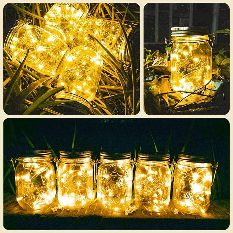Solar Mason Jar Lights 20 LED Waterproof Fairy Firefly Jar Lid with Handles Lights For Patio Garden Wedding Decoration（No Jars）