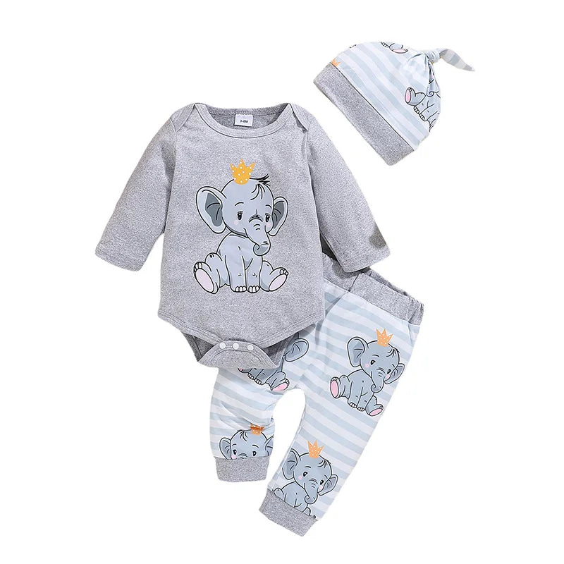 Citgeett Autumn Infant Baby Boys Girls Fall Outfits Long Sleeve Print Romper + Pants + Hat Set Spring Clothes