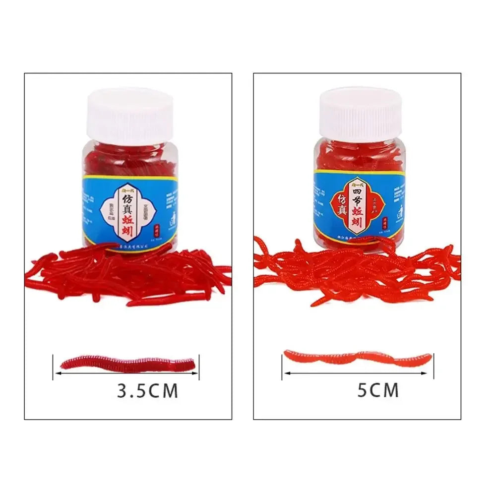 100pcs/Bottle Realistic Tackle Soft Lure Bass Bream Bloodworm Fishing Lure Earthworm Worm Rubber Red Worms Baits Fishy Smell