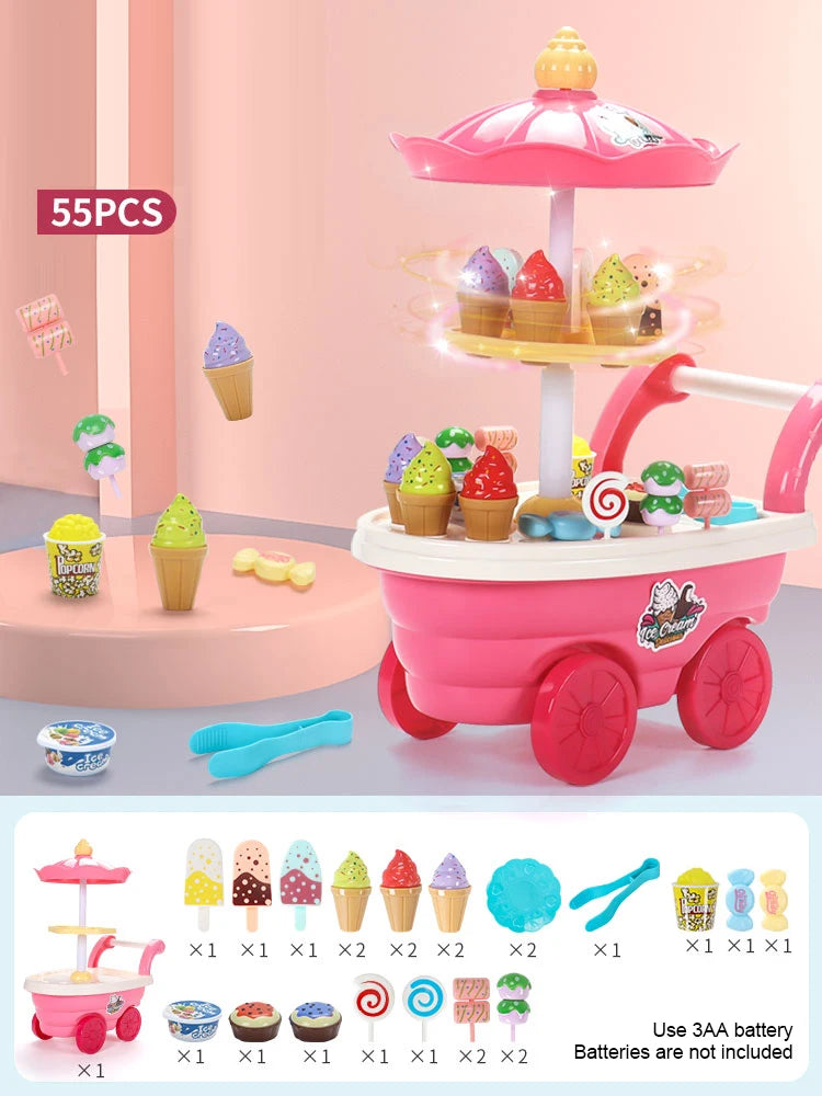 Children's Girls Play Every House Ice Cream Candy Ice Cream Truck, Puzzle Simulation Cart Kitchen Toy Set