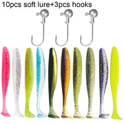 10PCS Soft Lure 5.5cm 7cm 10cm T Tail Worm 3PCS Jigging Head Hook 3g 5g 10g Metal Jig Carp Fishing Pesca Swimbait Gear Kit Bait