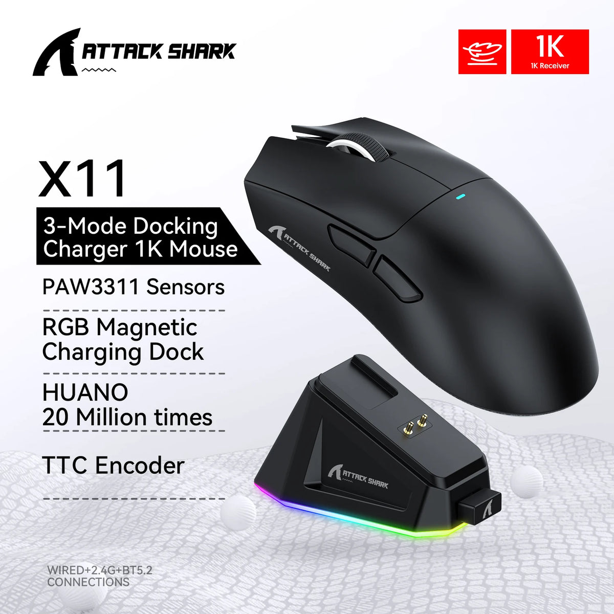 ATTACK SHARK X11 Rechargeable Gaming Mouse, PAW3311 Sensor, 800-22000 DPI, Wired 2.4GHz Bluetooth, Magnetic Charging Dock
