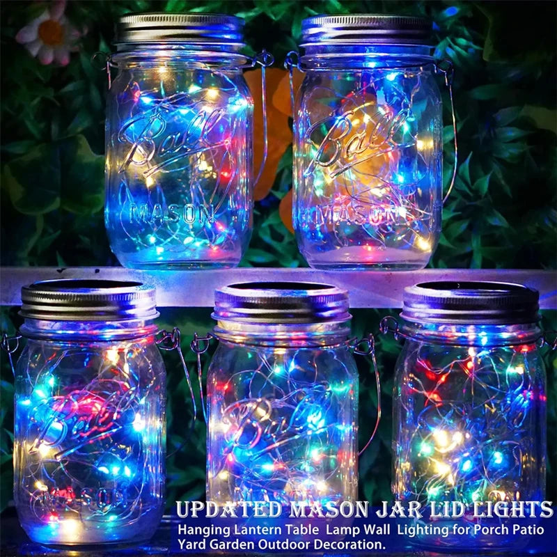 Solar Mason Jar Lights 20 LED Waterproof Fairy Firefly Jar Lid with Handles Lights For Patio Garden Wedding Decoration（No Jars）