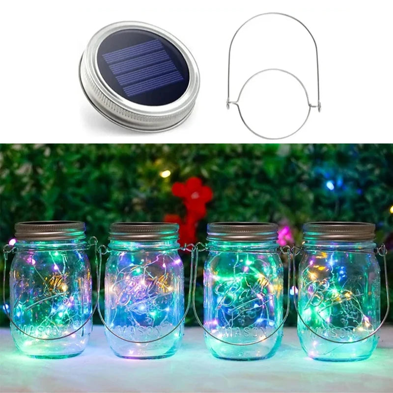 Solar Mason Jar Lights 20 LED Waterproof Fairy Firefly Jar Lid with Handles Lights For Patio Garden Wedding Decoration（No Jars）