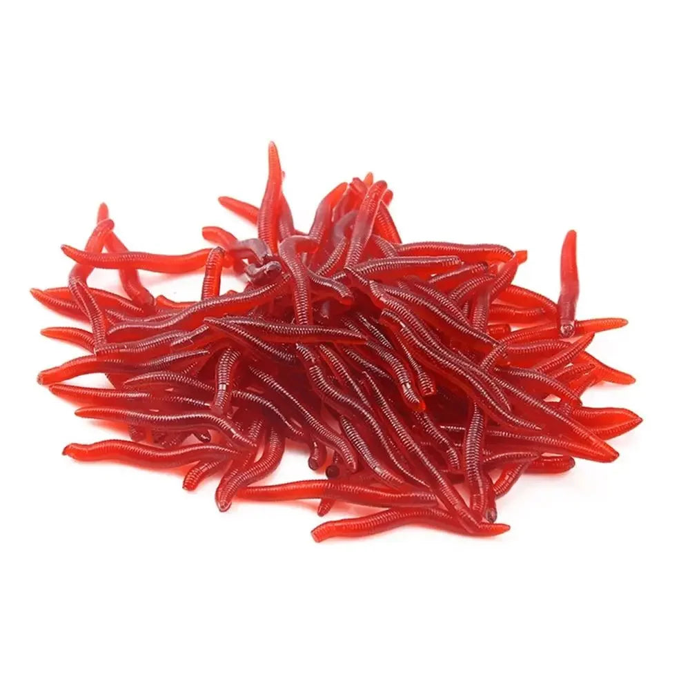 100pcs/Bottle Realistic Tackle Soft Lure Bass Bream Bloodworm Fishing Lure Earthworm Worm Rubber Red Worms Baits Fishy Smell