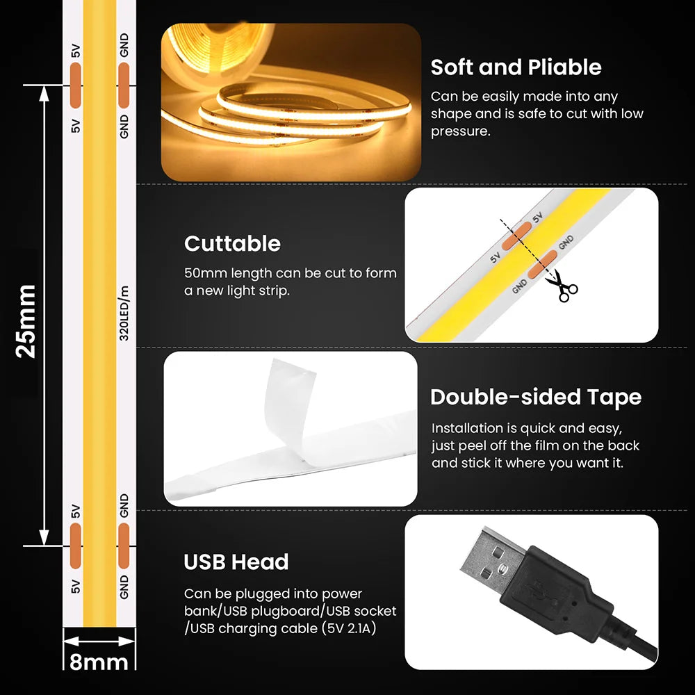 Flexible USB COB Light Strip