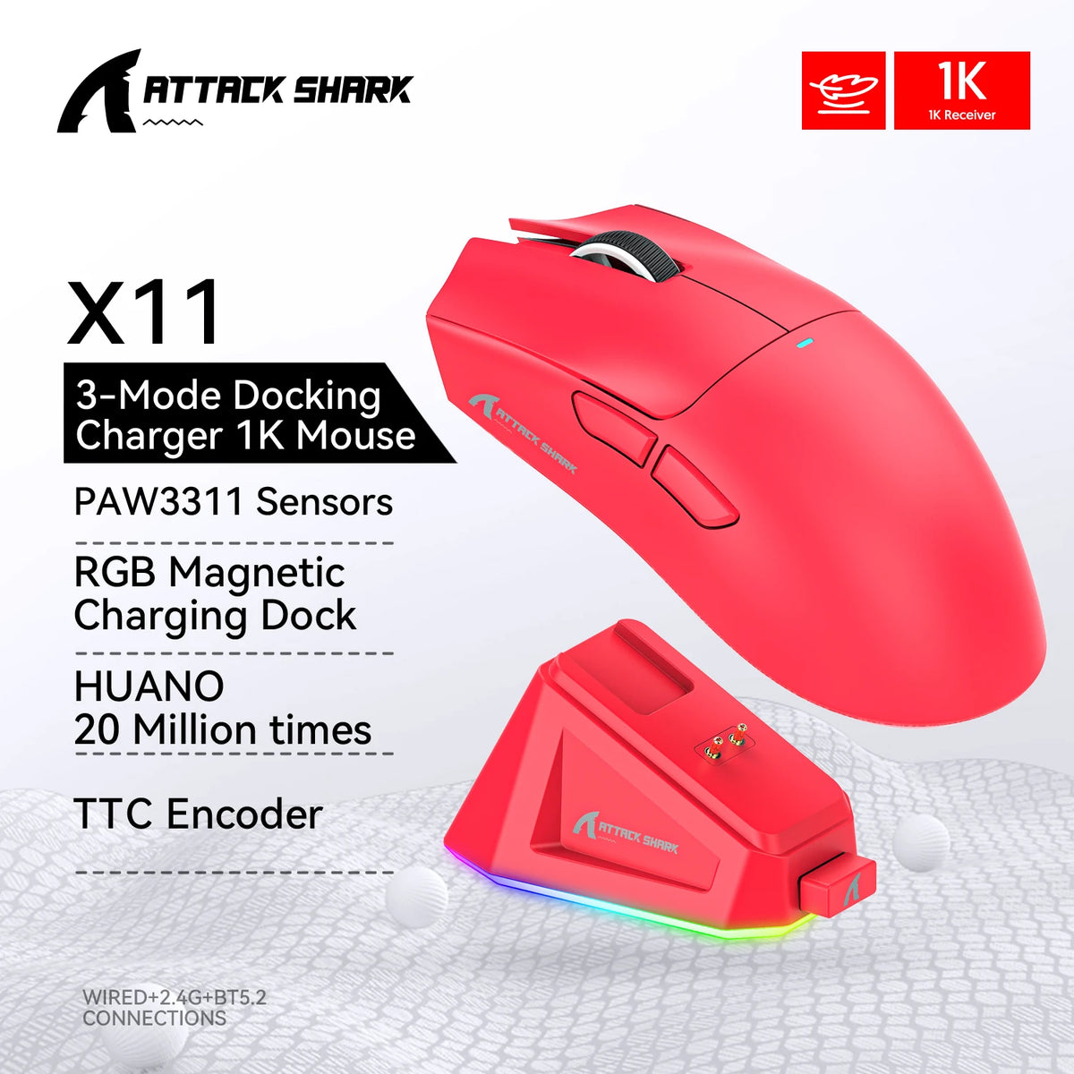 ATTACK SHARK X11 Rechargeable Gaming Mouse, PAW3311 Sensor, 800-22000 DPI, Wired 2.4GHz Bluetooth, Magnetic Charging Dock