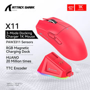 ATTACK SHARK X11 Rechargeable Gaming Mouse, PAW3311 Sensor, 800-22000 DPI, Wired 2.4GHz Bluetooth, Magnetic Charging Dock