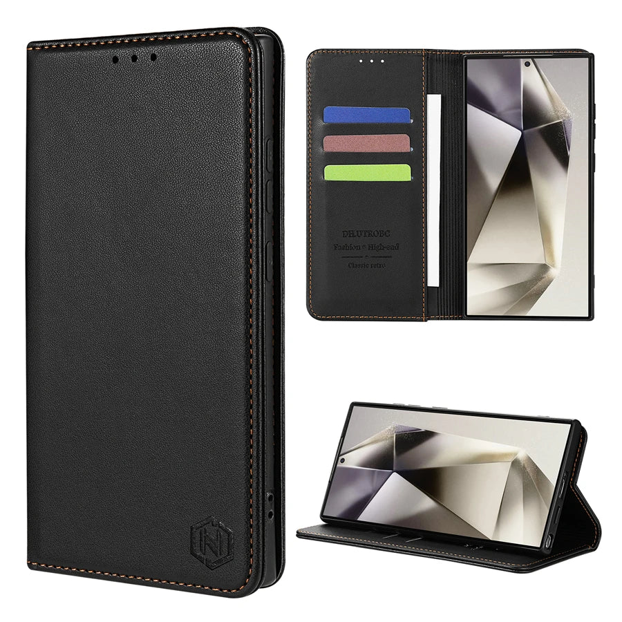 Wallet Skin Friendly Card Slot Magnetic Flip Leather Case For Samsung Galaxy S25 Edge S24 FE S23 Ultra S22 S21 S20 S10Plus Cover