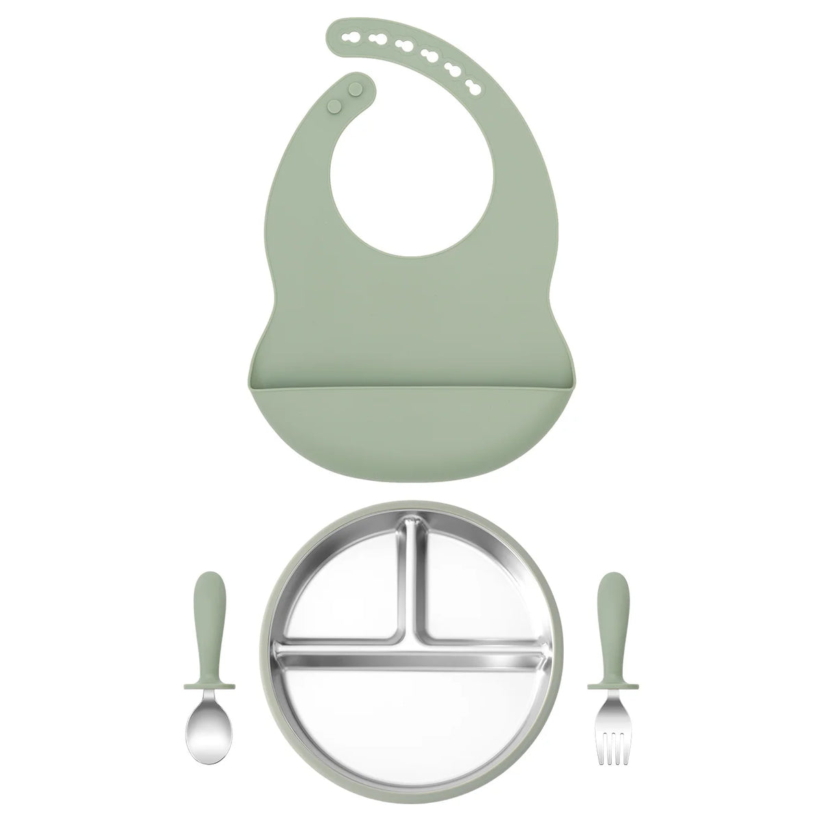 4PCS Stainless Steel Silicone Baby Feeding Set With Detachable Bowl Plate BPA Free Fork Spoon Bib Weaning Tableware Training