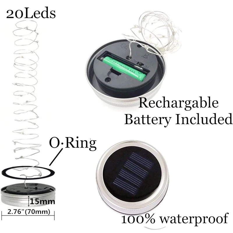 Solar Mason Jar Lights 20 LED Waterproof Fairy Firefly Jar Lid with Handles Lights For Patio Garden Wedding Decoration（No Jars）