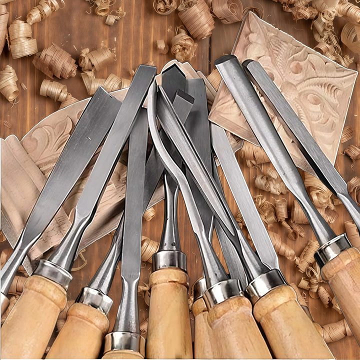 12Pcs Wooden Carving Chisel Set, Woodworking Tools Set with Pouch, Full Size Knife Gouge Kit for Carving Projects Consruction An