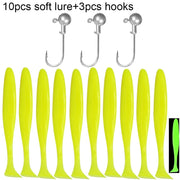 10PCS Soft Lure 5.5cm 7cm 10cm T Tail Worm 3PCS Jigging Head Hook 3g 5g 10g Metal Jig Carp Fishing Pesca Swimbait Gear Kit Bait