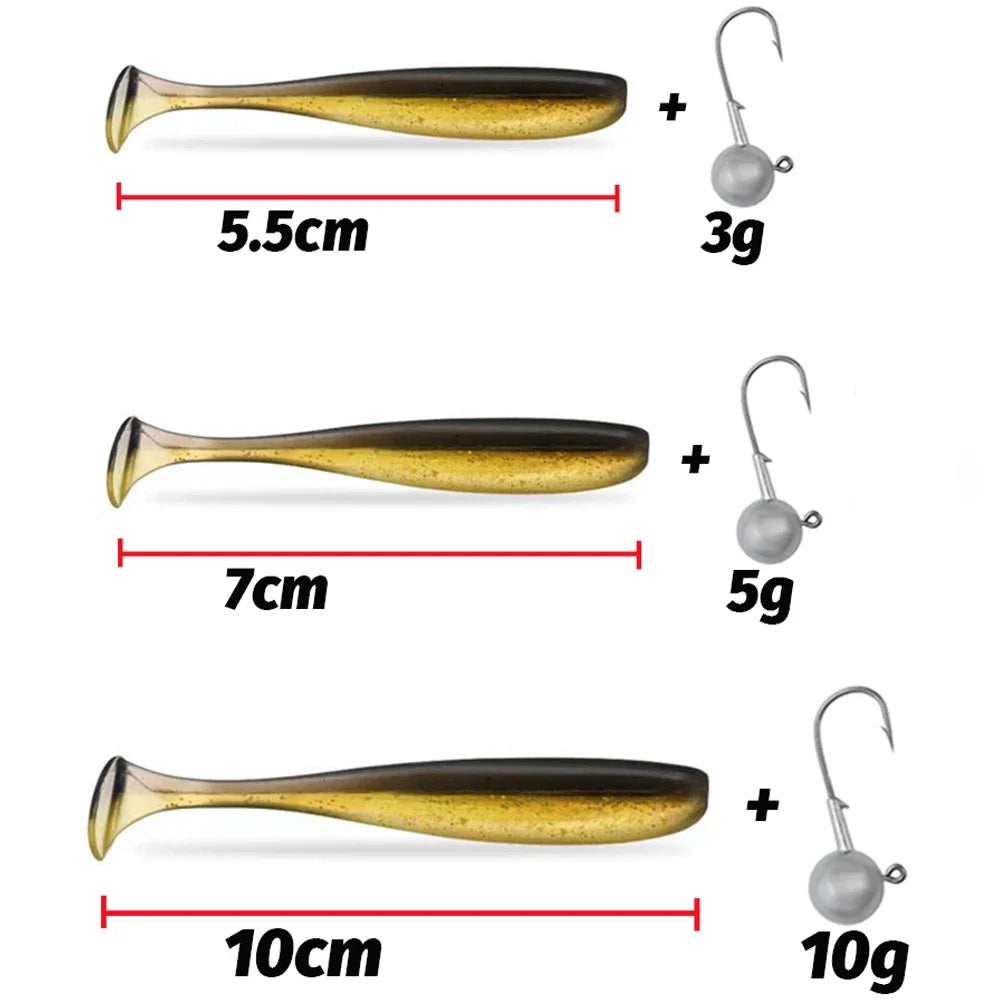 10PCS Soft Lure 5.5cm 7cm 10cm T Tail Worm 3PCS Jigging Head Hook 3g 5g 10g Metal Jig Carp Fishing Pesca Swimbait Gear Kit Bait