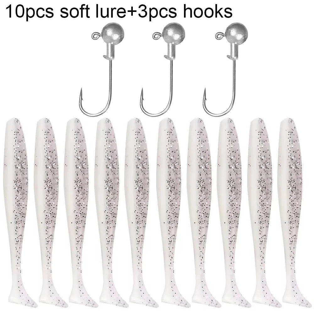 10PCS Soft Lure 5.5cm 7cm 10cm T Tail Worm 3PCS Jigging Head Hook 3g 5g 10g Metal Jig Carp Fishing Pesca Swimbait Gear Kit Bait