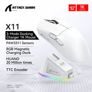 ATTACK SHARK X11 Rechargeable Gaming Mouse, PAW3311 Sensor, 800-22000 DPI, Wired 2.4GHz Bluetooth, Magnetic Charging Dock