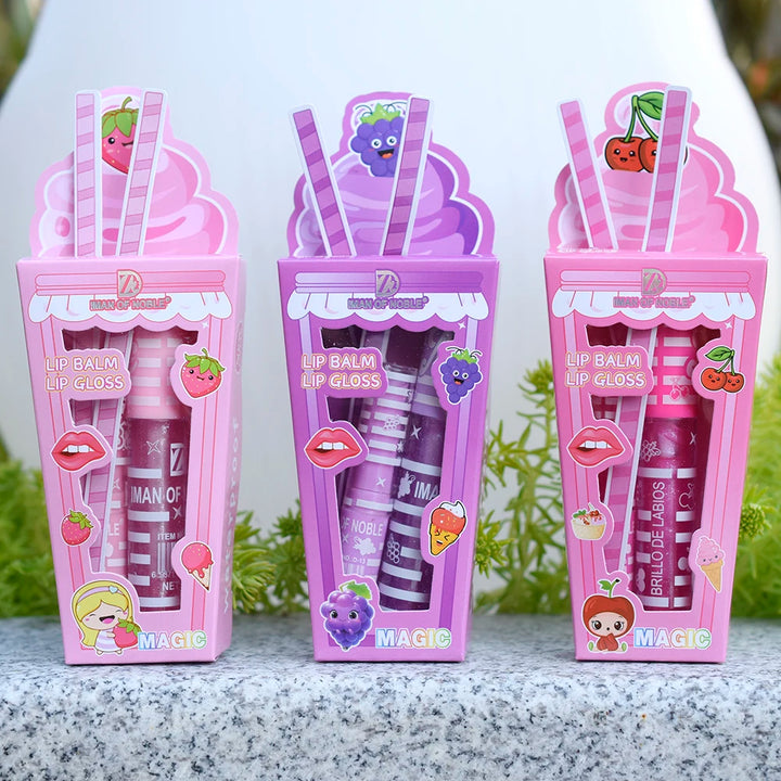Cute Ice Cream Shiny Lip Gloss Lip Balm Set Girls Woman Waterproof Longlasting Natural Moisturizing Lips Makeup