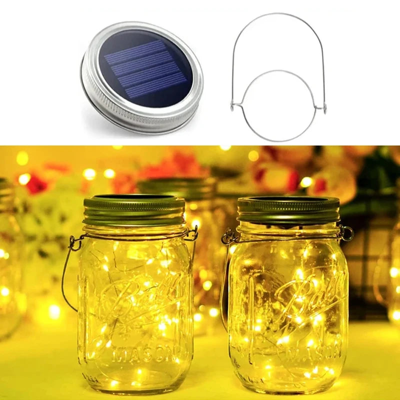 Solar Mason Jar Lights 20 LED Waterproof Fairy Firefly Jar Lid with Handles Lights For Patio Garden Wedding Decoration（No Jars）