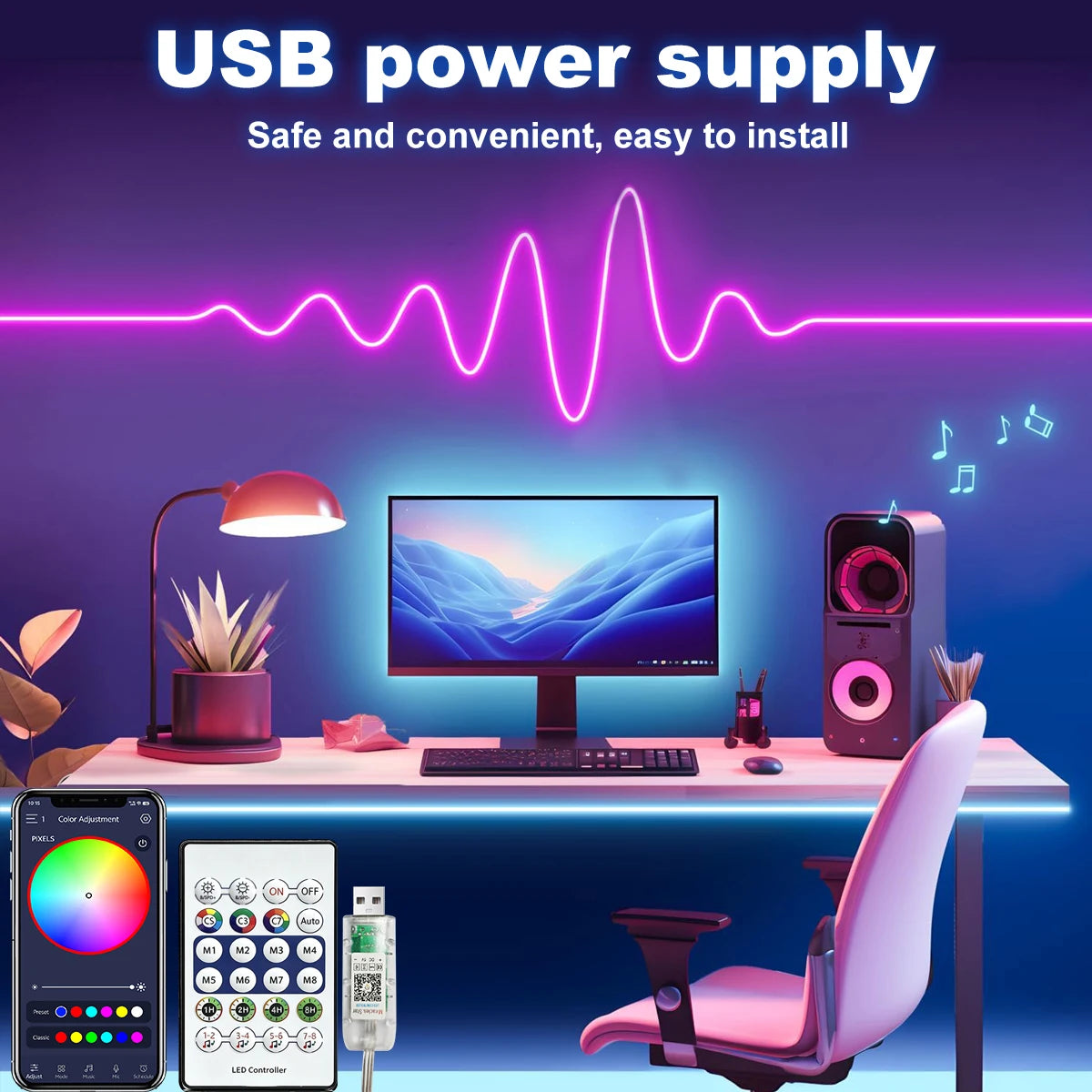 5V RGB+IC Neon Strip Light 1M 2M 3M 5M 10M USB Waterproof Flexible LED Strip Lights With Bluetooth Remote Control For Home Decor
