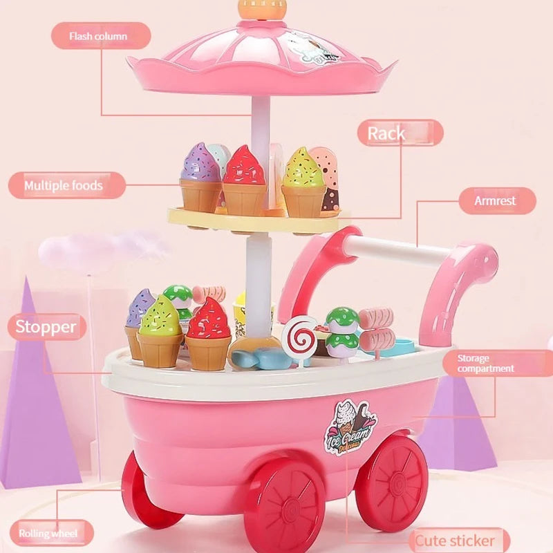 Children's Girls Play Every House Ice Cream Candy Ice Cream Truck, Puzzle Simulation Cart Kitchen Toy Set