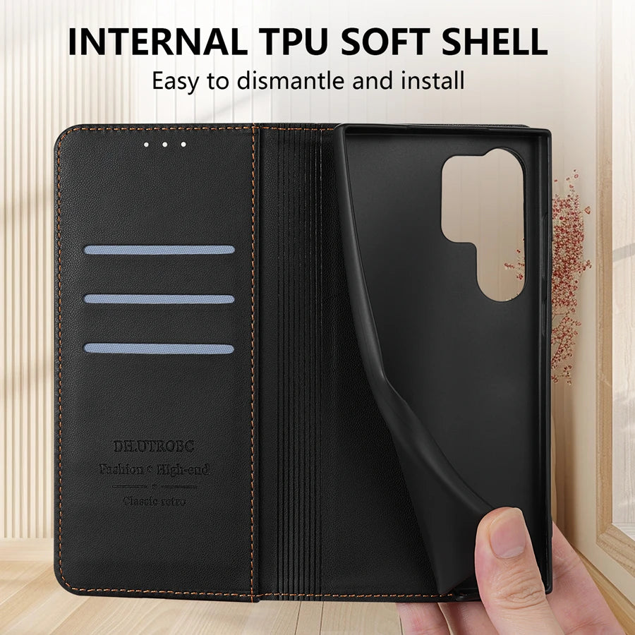 Wallet Skin Friendly Card Slot Magnetic Flip Leather Case For Samsung Galaxy S25 Edge S24 FE S23 Ultra S22 S21 S20 S10Plus Cover