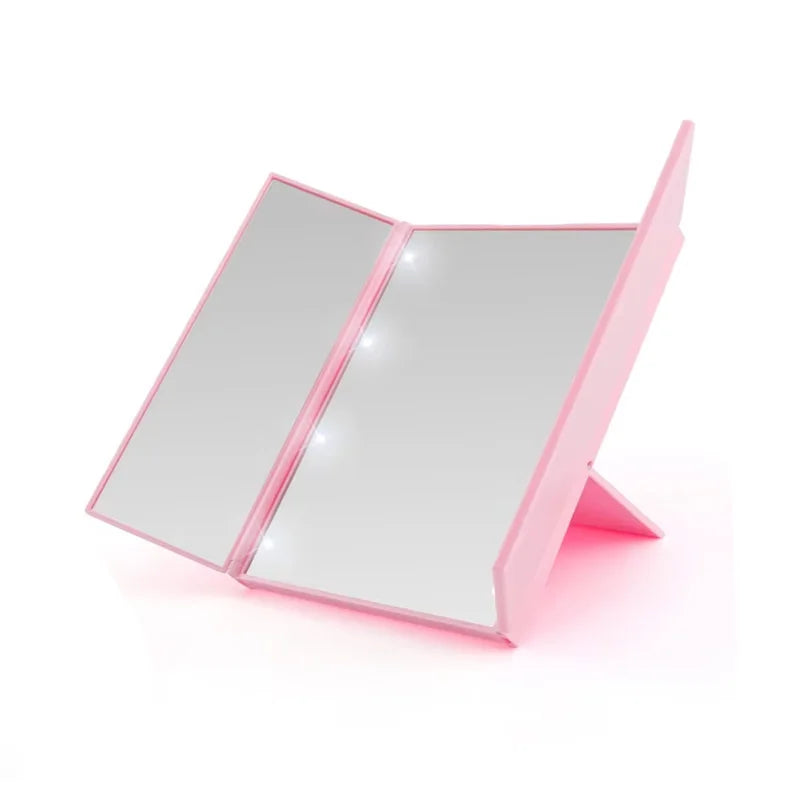 Portable LED Three Sided Makeup Mirror Folding Design Travel Vanity Cosmetic Mirror with Adjustable Stand for On-The-Go Beauty