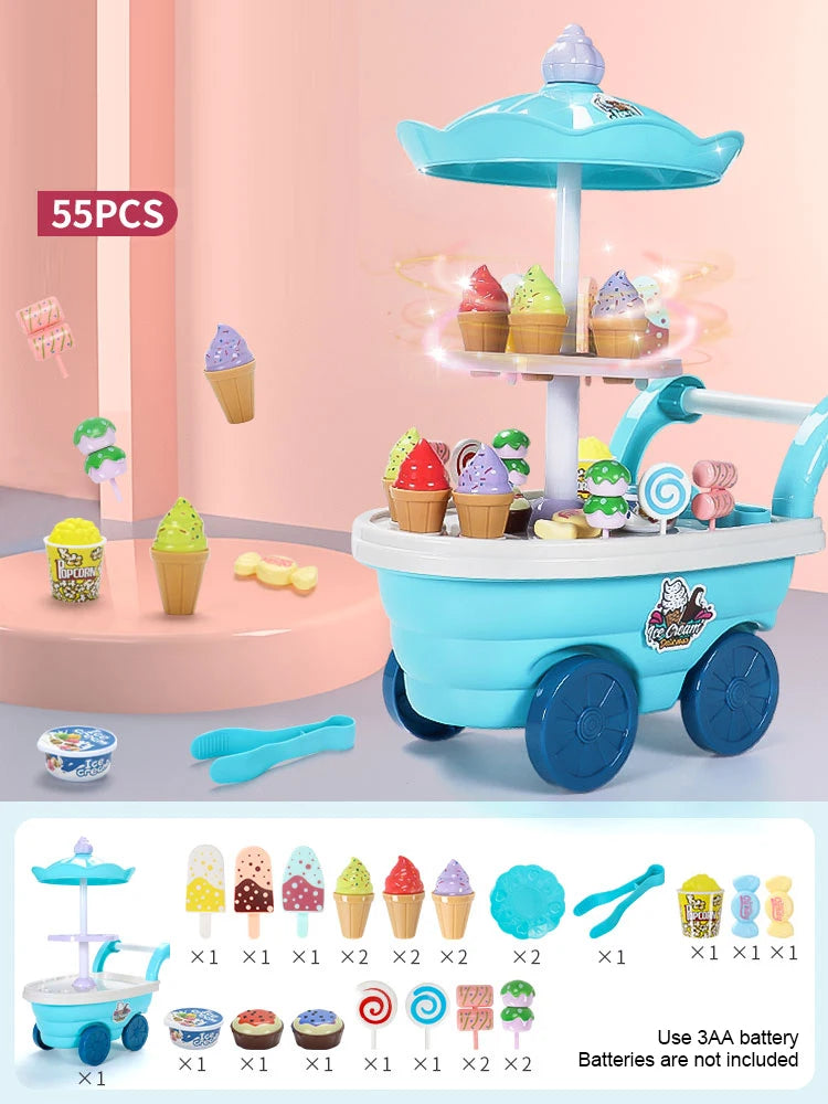 Children's Girls Play Every House Ice Cream Candy Ice Cream Truck, Puzzle Simulation Cart Kitchen Toy Set
