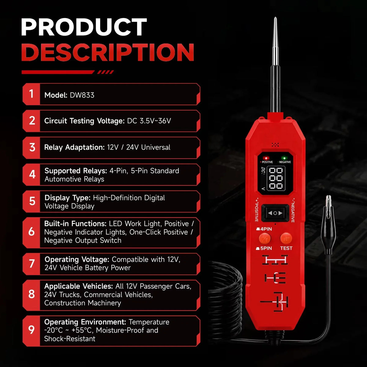 Automotive circuit and relay tester with digital display, view 2