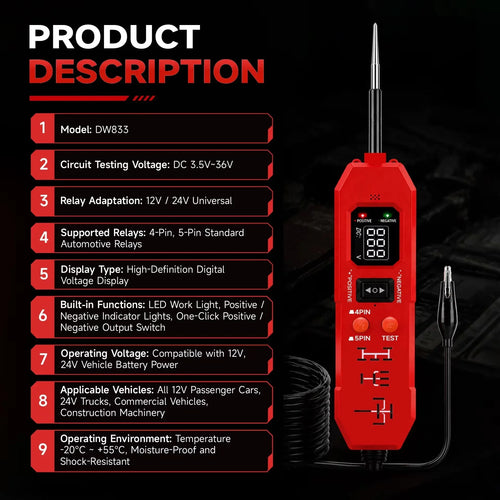 Automotive circuit and relay tester with digital display, view 2