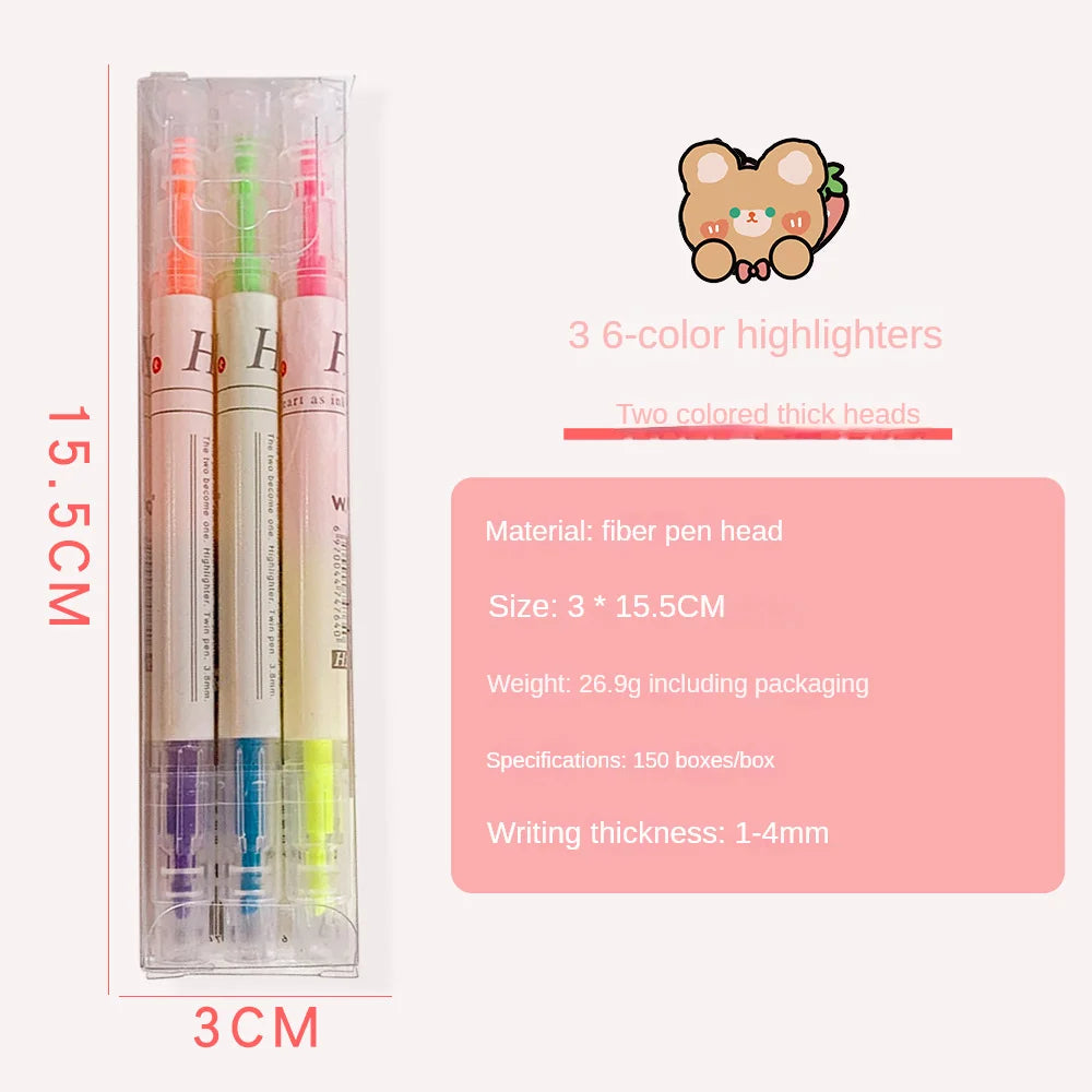 3/6Pcs/Set Double Head Fluorescent Highlighter Pen Markers Pastel Drawing Pen for Student School Office Supplies Cute Stationery