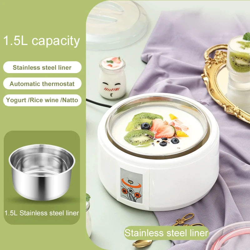 DMWD Fully Automatic Yogurt Maker 1.5L Stainless steel liner Thermostatic Rice wine Enzyme Natto Fermenter With Sealed glass cup