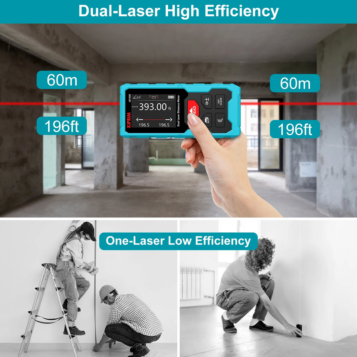Kiprim Dual Laser Distance Meter Rechargeable Bilateral Laser Rangefinder 120m Digital Tape Measure Angle Measurment Tool