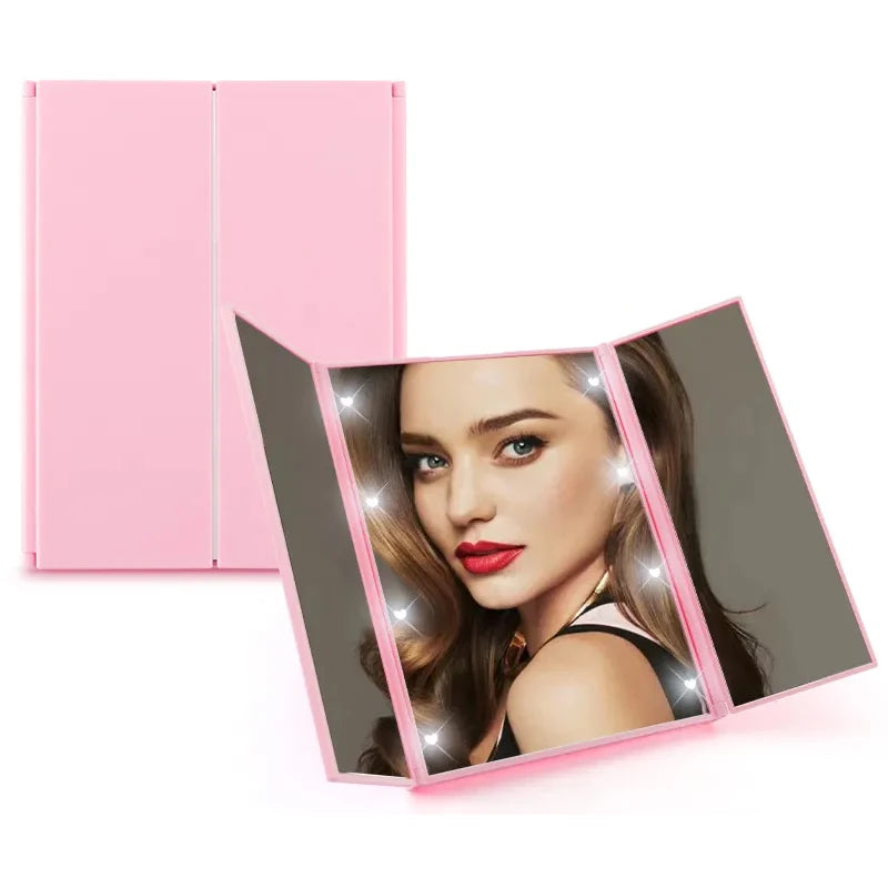 Portable LED Three Sided Makeup Mirror Folding Design Travel Vanity Cosmetic Mirror with Adjustable Stand for On-The-Go Beauty